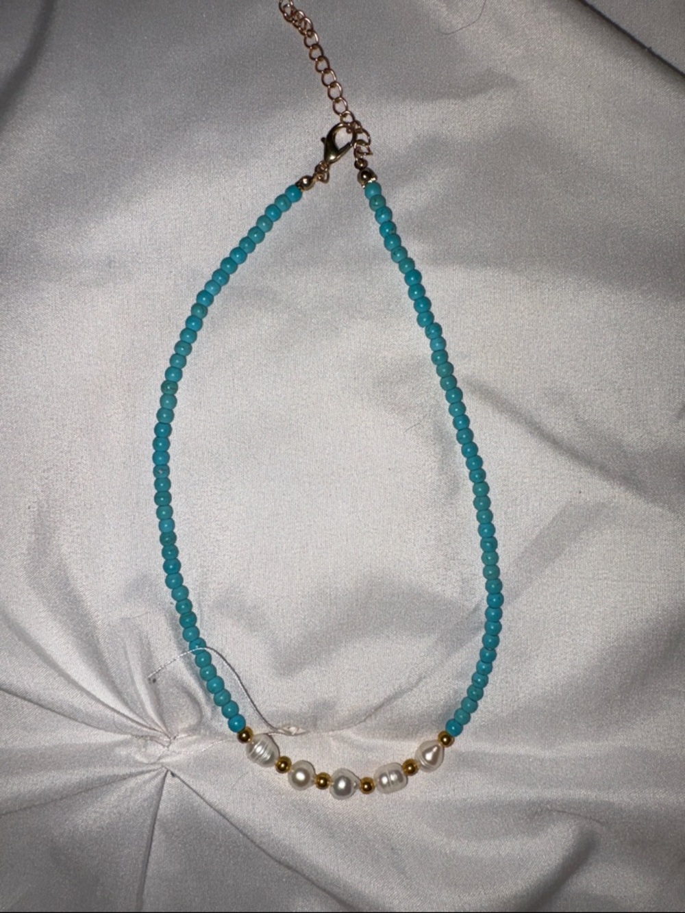 Turquoise Beaded Necklace with Pearl & Gold Accents